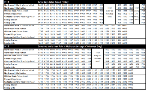 H13 timetable at weekends